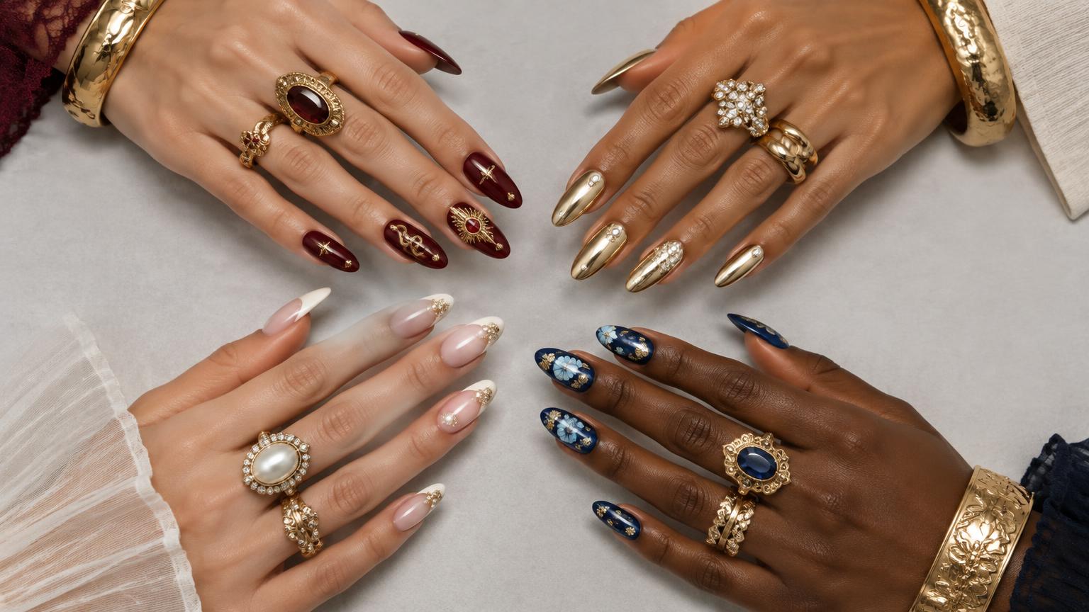 Collage of hands in garnet, gold chrome, pearl, and ink nail sets with ornate gold rings